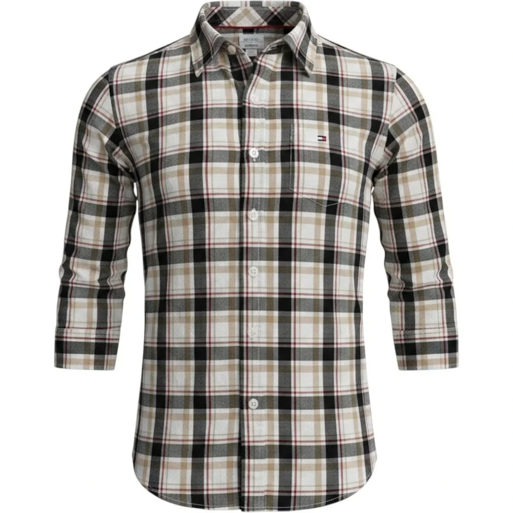 Boys Plaid Button Down Shirt Black Tan White Long Sleeve Size M 7-8